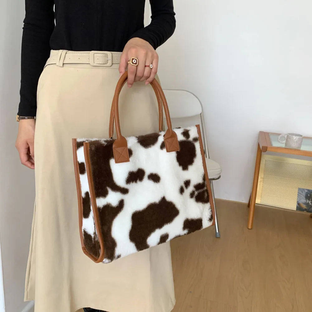 Retro Cow Leopard Print PU Leather Plush Women Handbags