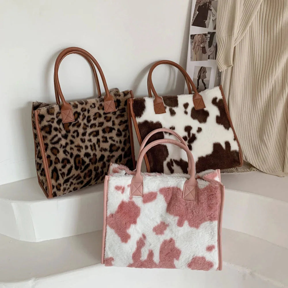 Retro Cow Leopard Print PU Leather Plush Women Handbags