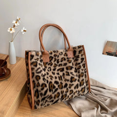 Retro Cow Leopard Print PU Leather Plush Women Handbags