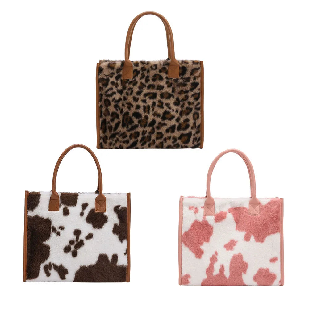 Vintage Cow Leopard Print Plush Crossbody Bag Autumn Winter Handbag