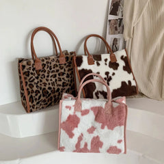 Vintage Cow Leopard Print Plush Crossbody Bag Autumn Winter Handbag