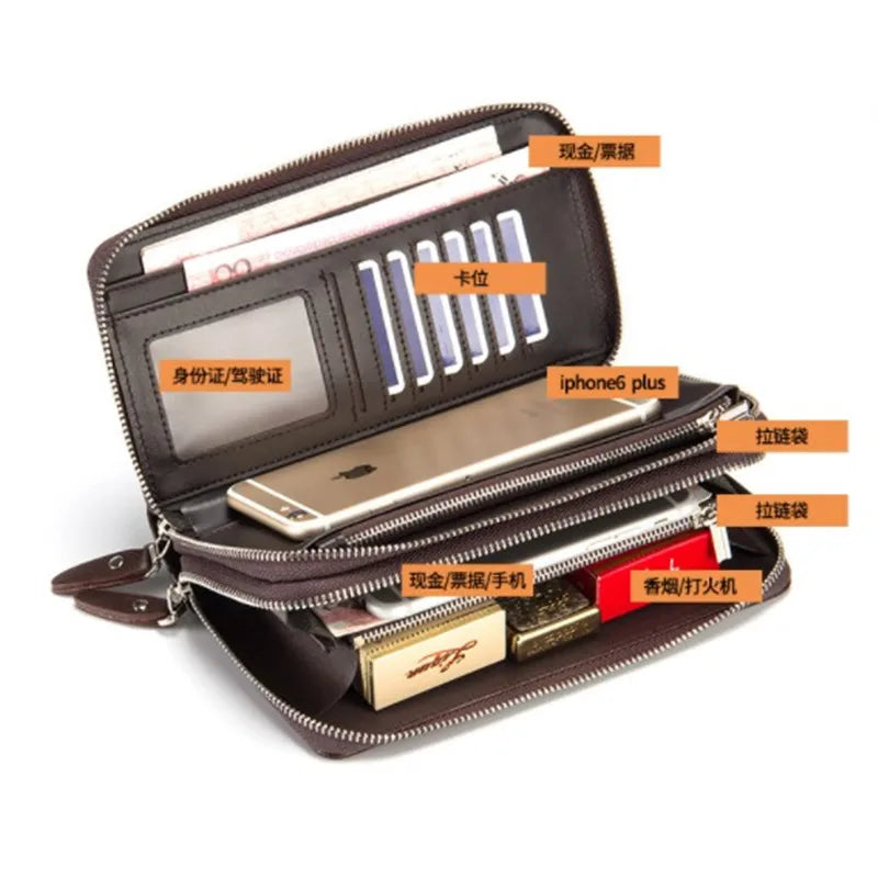 Men's Leather Clutch Wallet Double Zip Business Handbag