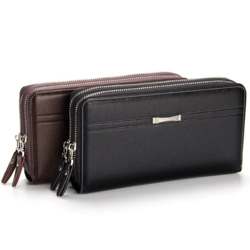 Men's Leather Clutch Wallet Double Zip Business Handbag