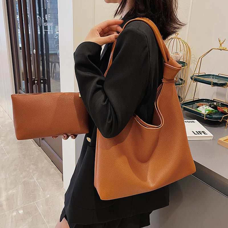 Soft Leather Women Bag Knotted Shoulder Handbag Tote Large Capacity