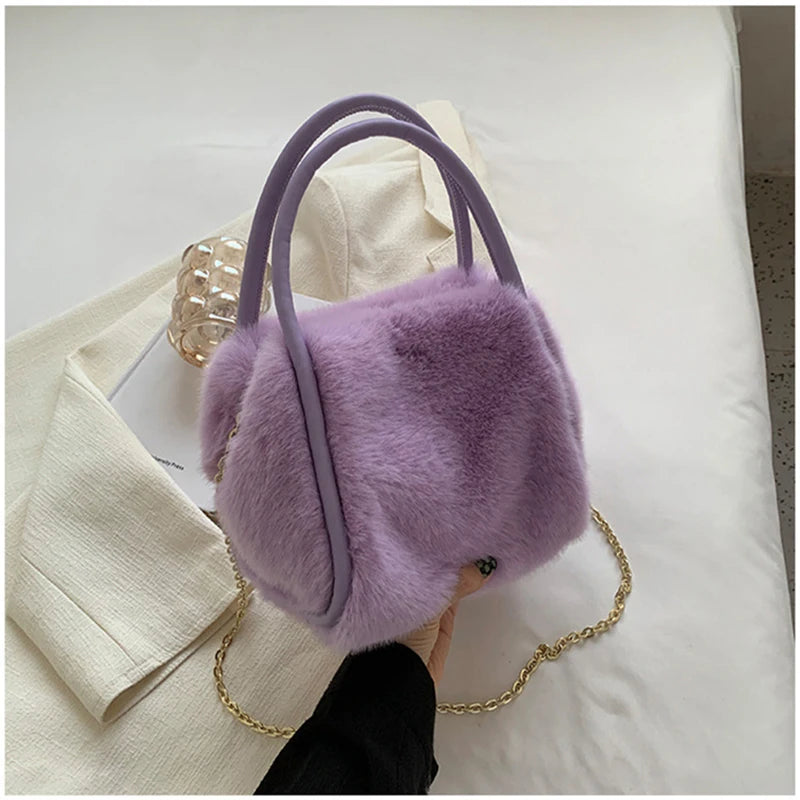 Winter Plush Shoulder Bag for Women Furry Totes Fur Chains Crossbody Handba