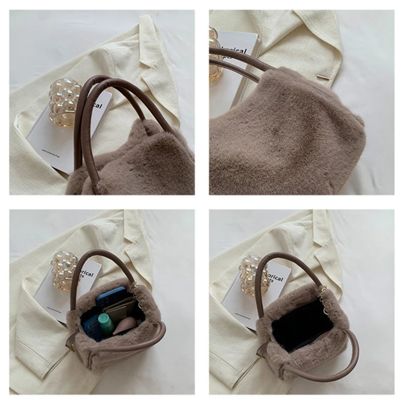 Winter Plush Shoulder Bag for Women Furry Totes Fur Chains Crossbody Handba