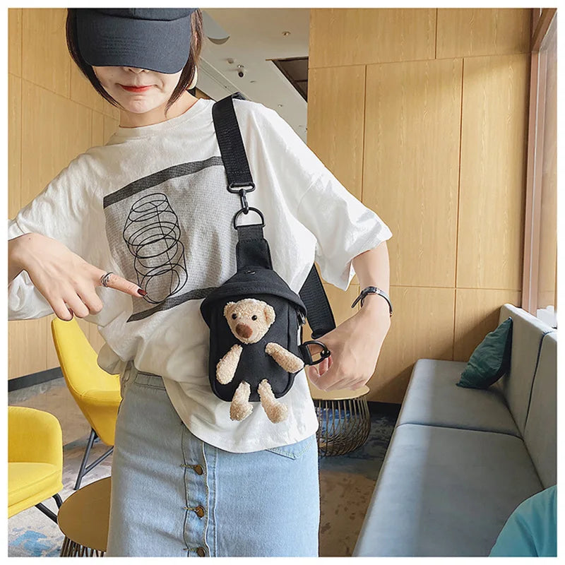 Lovely Bear Bag Canvas Chest Bag Student Crossbody Bag