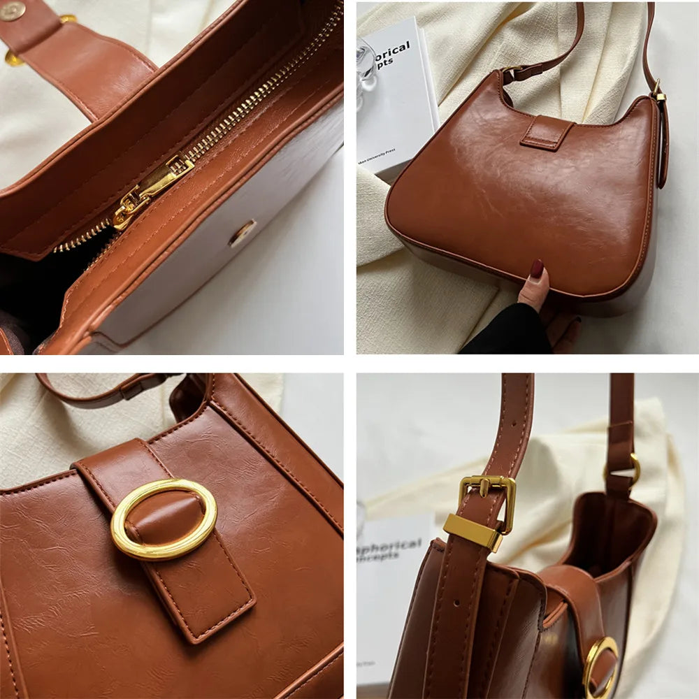 Vintage PU Leather Crossbody Bag Women Underarm Shoulder Bags Work Handbags