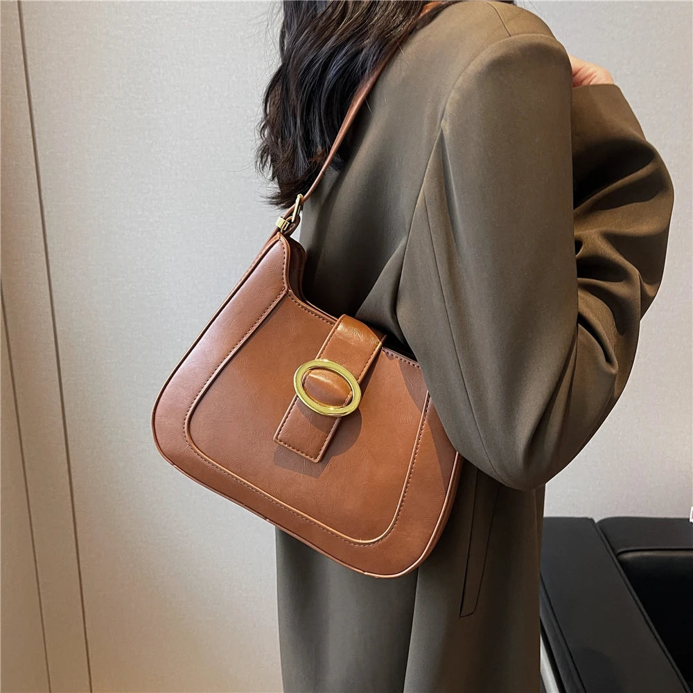 Vintage PU Leather Crossbody Bag Women Underarm Shoulder Bags Work Handbags