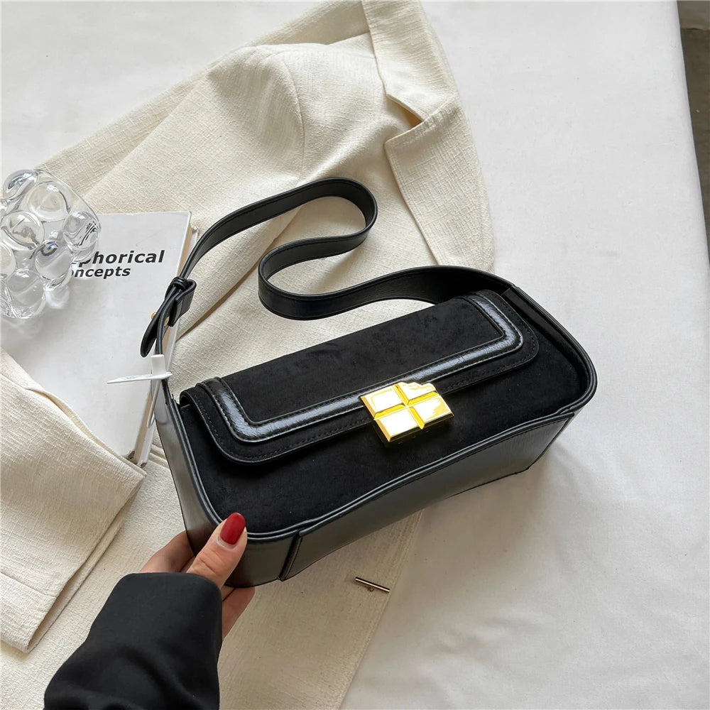 Retro Nubuck Shoulder Bag with Wide Strap for Women Winter Female Purse