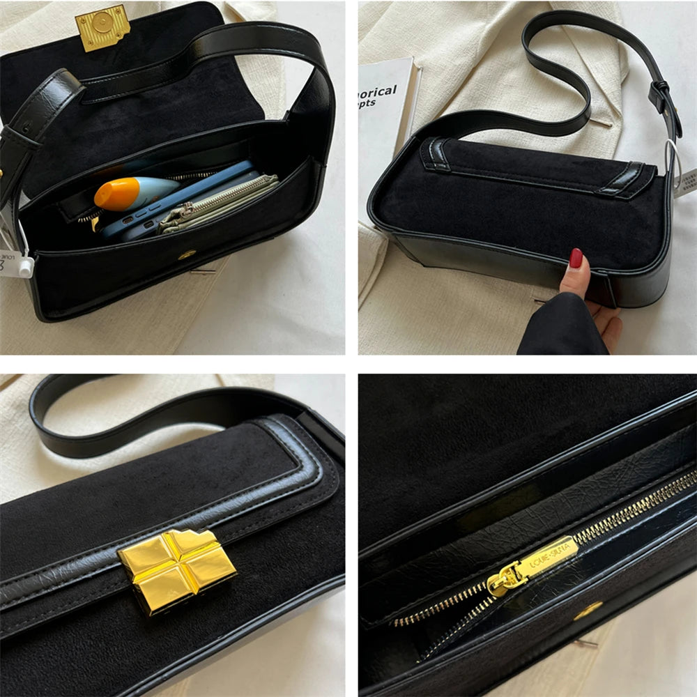 Retro Nubuck Shoulder Bag with Wide Strap for Women Winter Female Purse