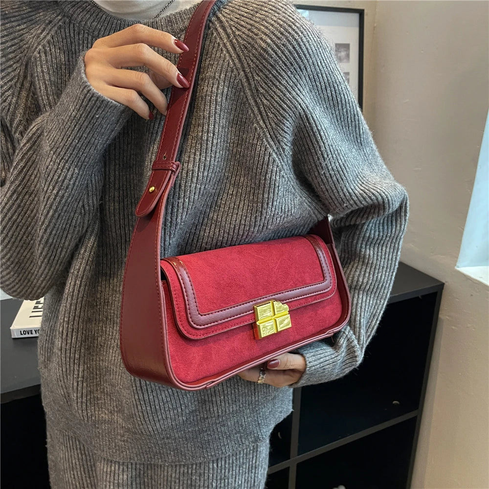 Retro Nubuck Shoulder Bag with Wide Strap for Women Winter Female Purse