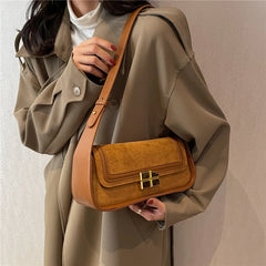 Retro Nubuck Shoulder Bag with Wide Strap for Women Winter Female Purse