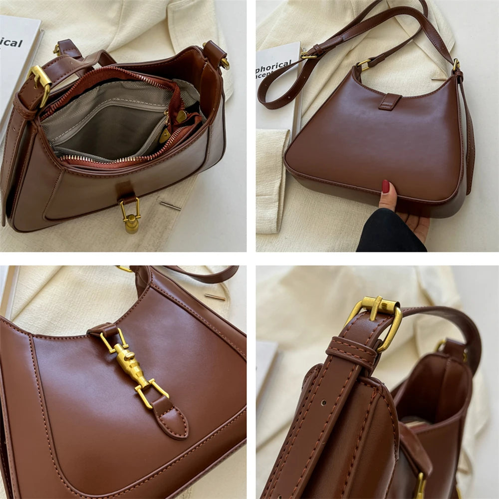 Retro Underarm Shoulder Side Bag For Women PU Leather Crescent Handbag