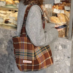 Plaid Wool Shoulder Bag Large Capacity Soft Handbag