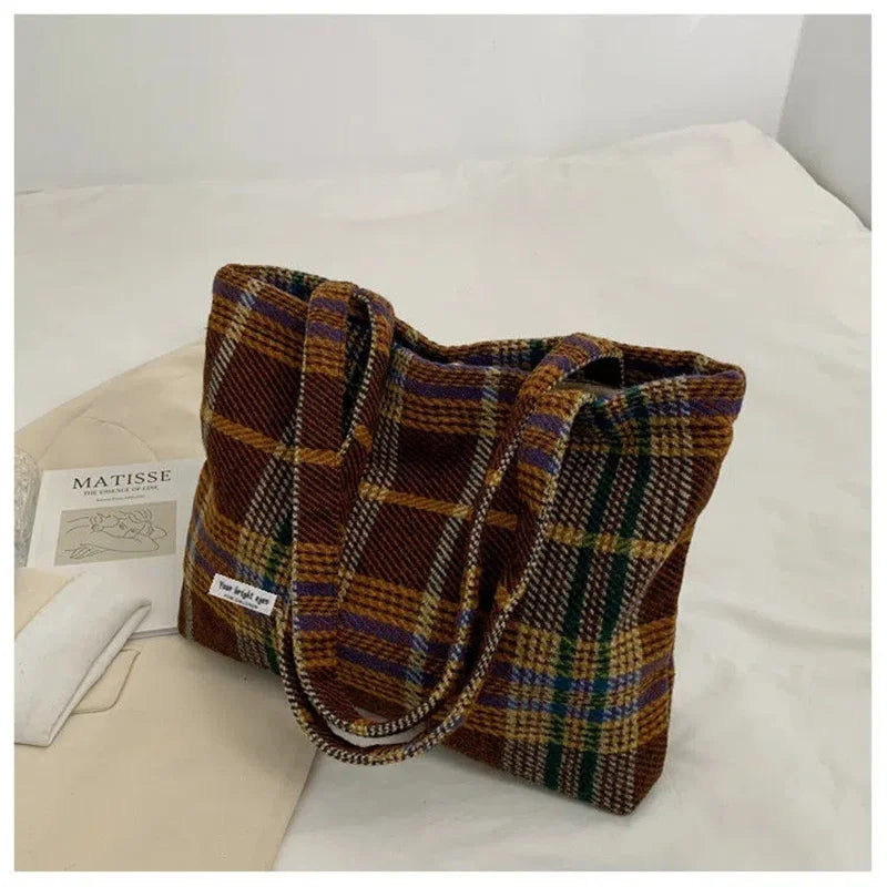 Plaid Wool Shoulder Bag Large Capacity Soft Handbag