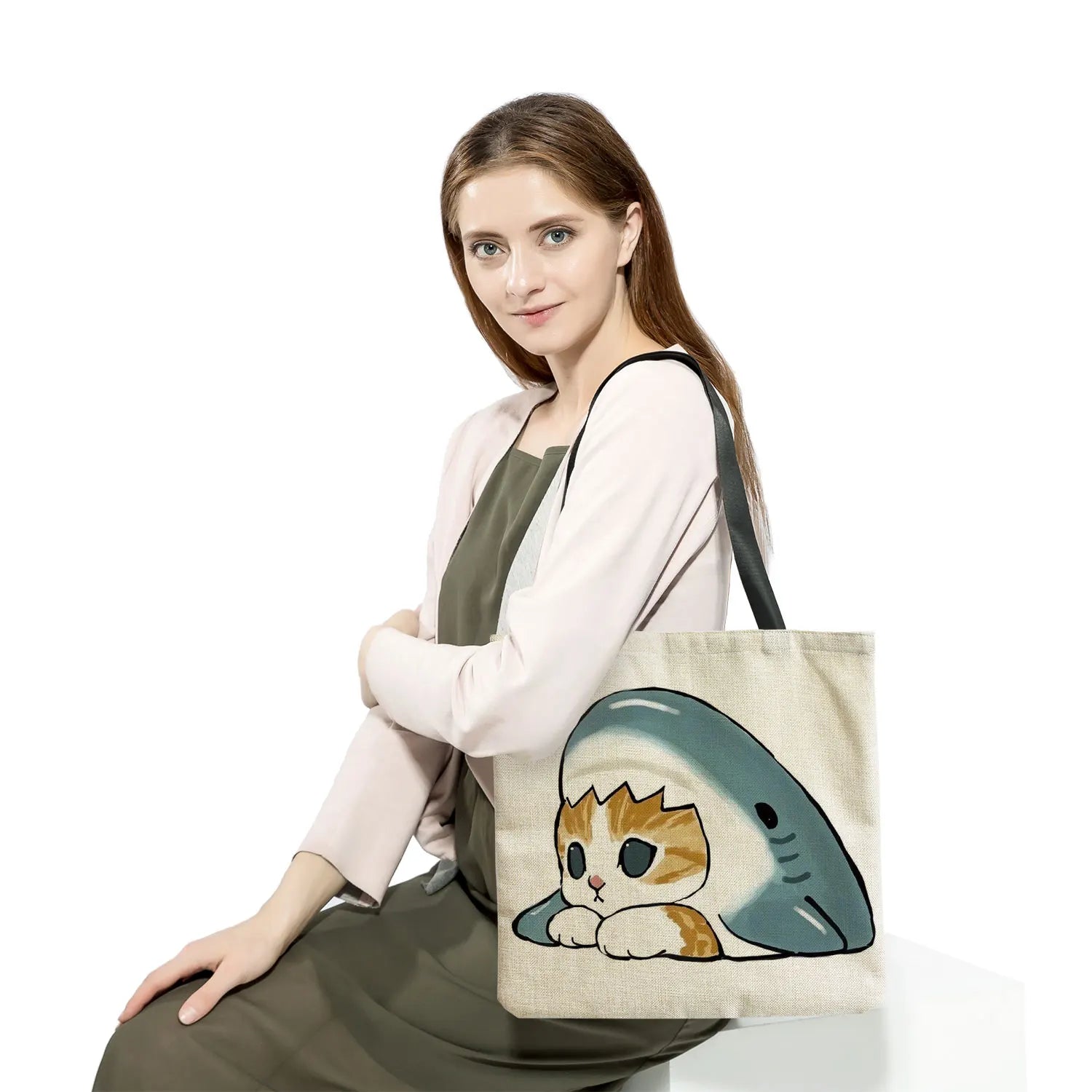 Cartoon Shark Cat Print Tote Bag Shopper Bag Eco Friendly Travel