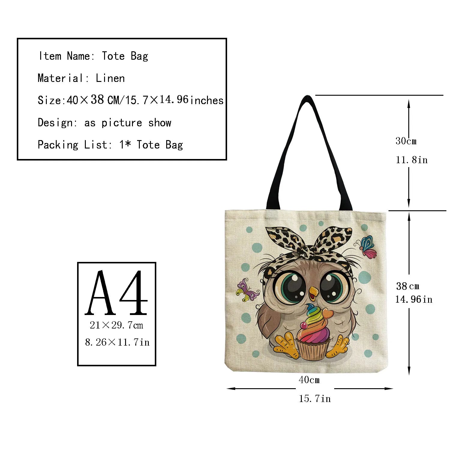 Owl Print Tote Bag Women Shoulder Handbag High Capacity Eco Friendly