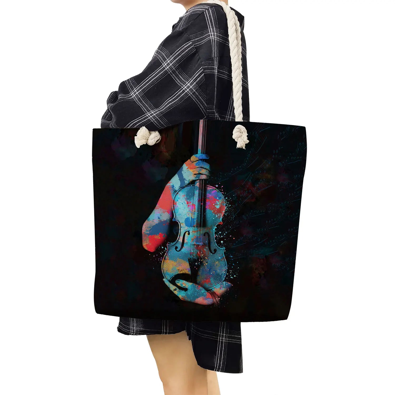 Music Note Print Tote Bag Travel Graphic High Capacity Shoulder Handbag