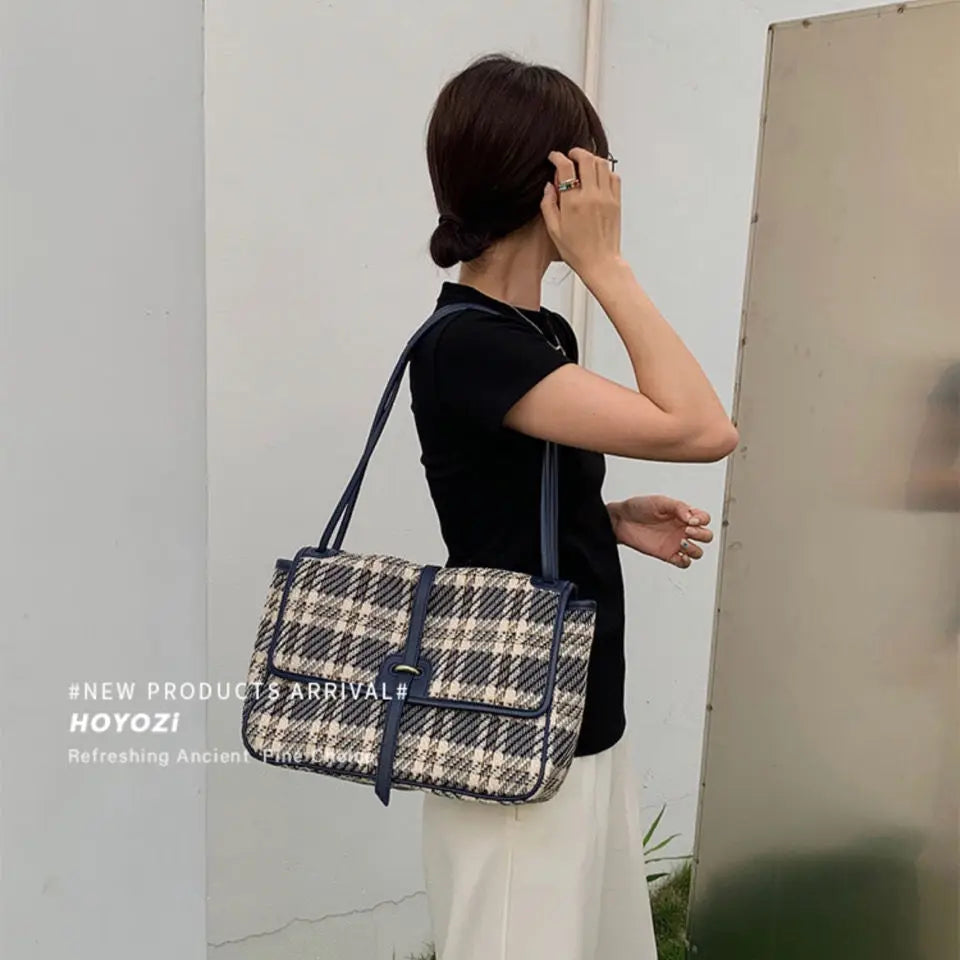 Plaid Canvas Tote Bag Women Shoulder Handbag Large Capacity