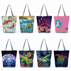 Whale Turtle Mermaid Print Shopping Shoulder Bags Water Animals Graphic Women