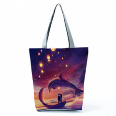 Whale Turtle Mermaid Print Shopping Shoulder Bags Water Animals Graphic Women