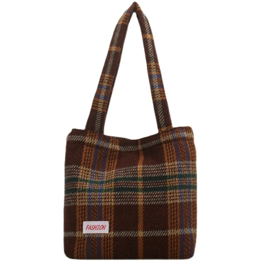 Large Capacity Plaid Travel Handbag Shoulder Wool Bag for Women
