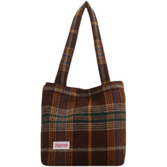 Large Capacity Plaid Travel Handbag Shoulder Wool Bag for Women