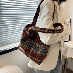Large Capacity Plaid Travel Handbag Shoulder Wool Bag for Women