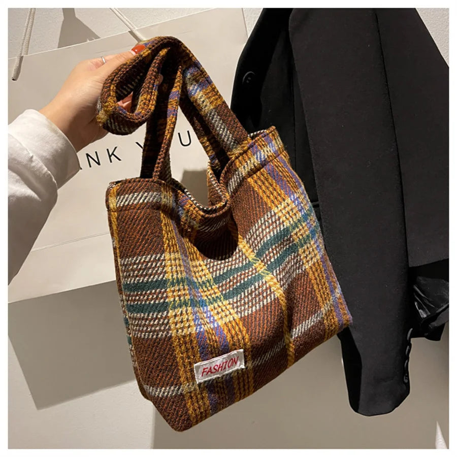 Large Capacity Plaid Travel Handbag Shoulder Wool Bag for Women