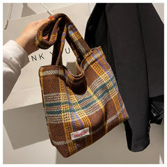 Large Capacity Plaid Travel Handbag Shoulder Wool Bag for Women