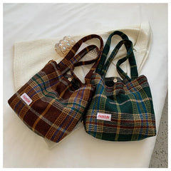 Large Capacity Plaid Travel Handbag Shoulder Wool Bag for Women