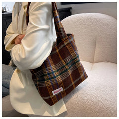 Large Capacity Plaid Travel Handbag Shoulder Wool Bag for Women