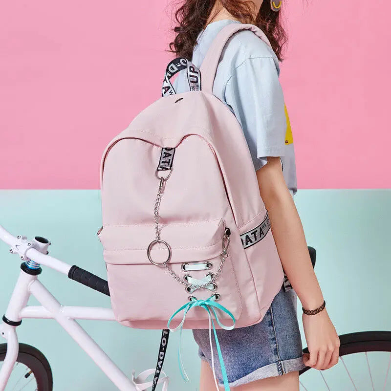 Waterproof Nylon Women Backpack Girls Drawstring Bow Chains School Bag Bookbags