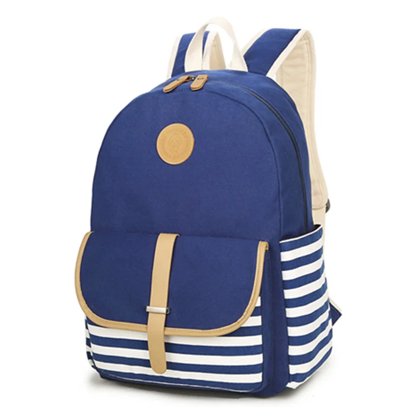 Preppy School Bags Backpack For Girls Canvas Striped Women Laptop Bagpack