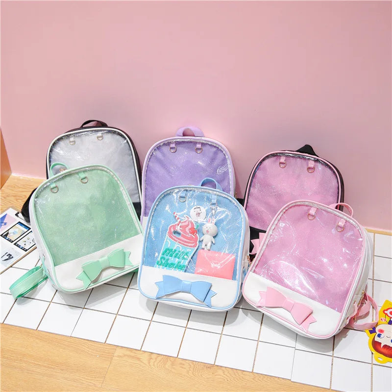 Clear PVC Backpack Teen Girls School Bag with Bow-knot