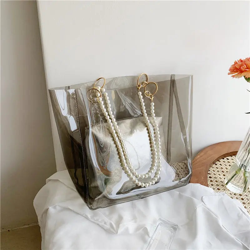 Stylish PVC Shoulder Bag with Pearls - Large Capacity Tote