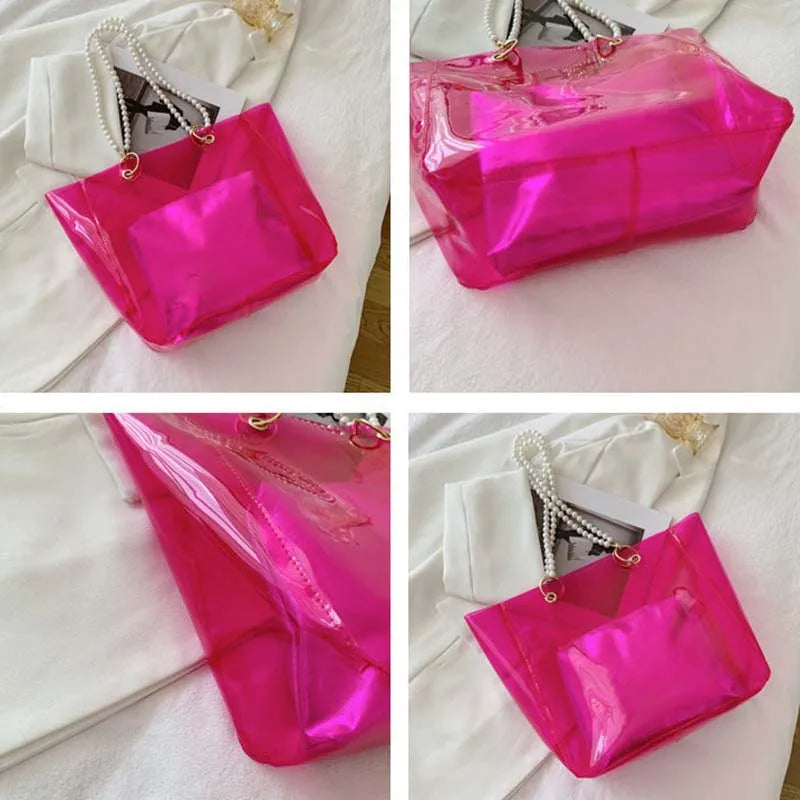 Stylish PVC Shoulder Bag with Pearls - Large Capacity Tote