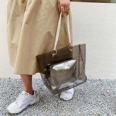 Stylish PVC Shoulder Bag with Pearls - Large Capacity Tote