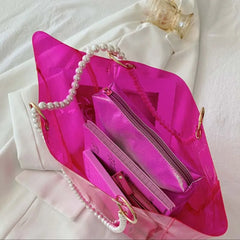 Stylish PVC Shoulder Bag with Pearls - Large Capacity Tote