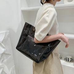 Stylish PVC Shoulder Bag with Pearls - Large Capacity Tote