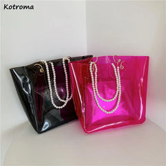 Stylish PVC Shoulder Bag with Pearls - Large Capacity Tote