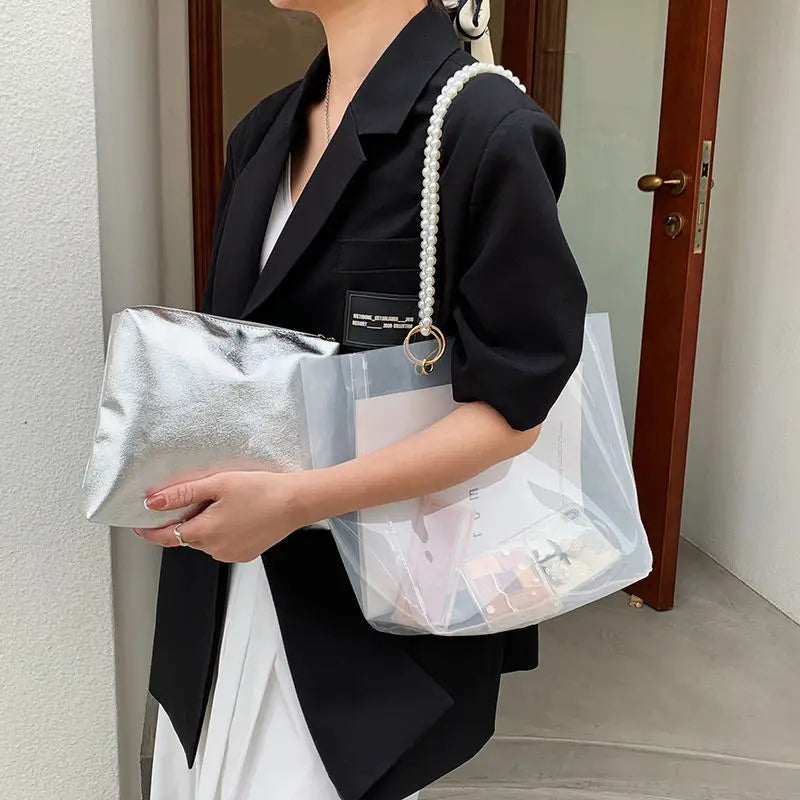 Stylish PVC Shoulder Bag with Pearls - Large Capacity Tote