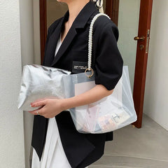 Stylish PVC Shoulder Bag with Pearls - Large Capacity Tote