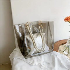 Stylish PVC Shoulder Bag with Pearls - Large Capacity Tote