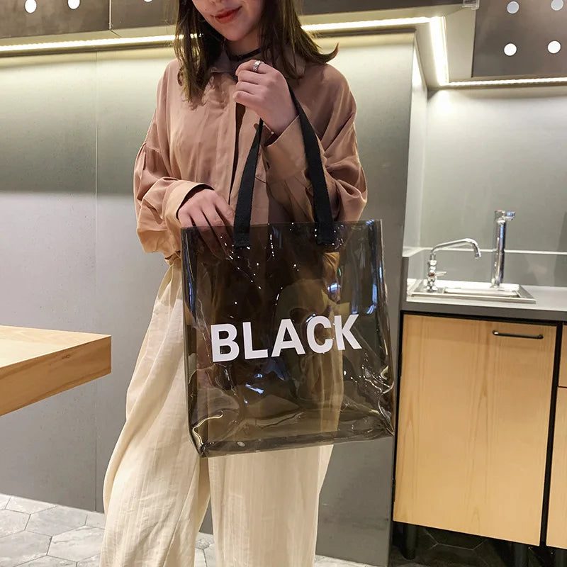 Transparent Tote Bag PVC Shoulder Bag Grocery Storage Handbag Reusable Eco Totes