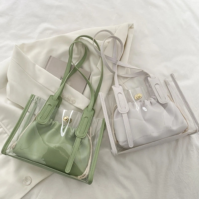 Transparent Women Handbag 2Pcs/Set PVC Waterproof Beach Tote