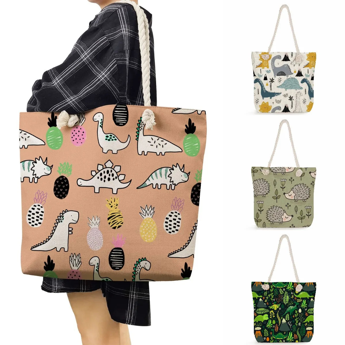 Dinosaur Print Animal Shoulder Bag Casual Tote Large Capacity Shopping Bag