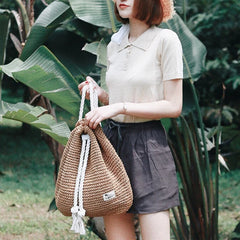 Summer Beach Straw Bag Women Shoulder Rucksack Weaved Backpack