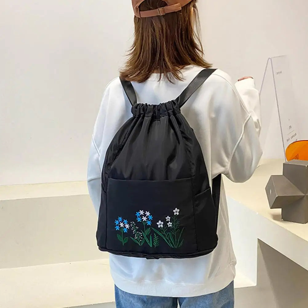 Waterproof Flower Print Embroidery Foldable Drawstring Backpack